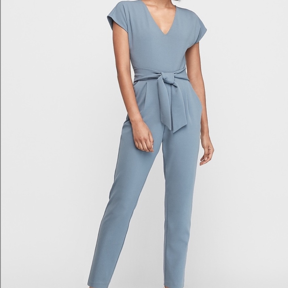 Express V-neck Tie Waist Straight Leg Jumpsuit